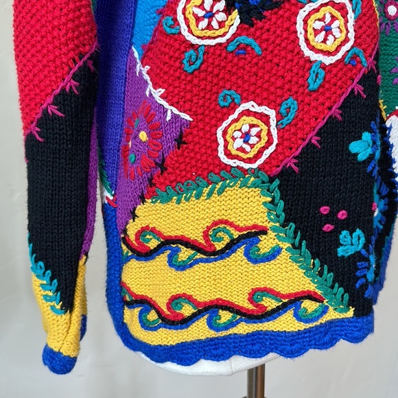 CASUAL CORNER Vintage 90s Hand Knit Patchwork Embroidered Sweater Novelty Size M - Picture 7 of 15